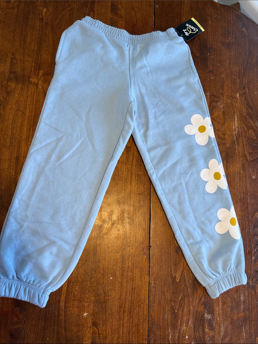 art class Light Blue Sweatpants with White Daisy Motif